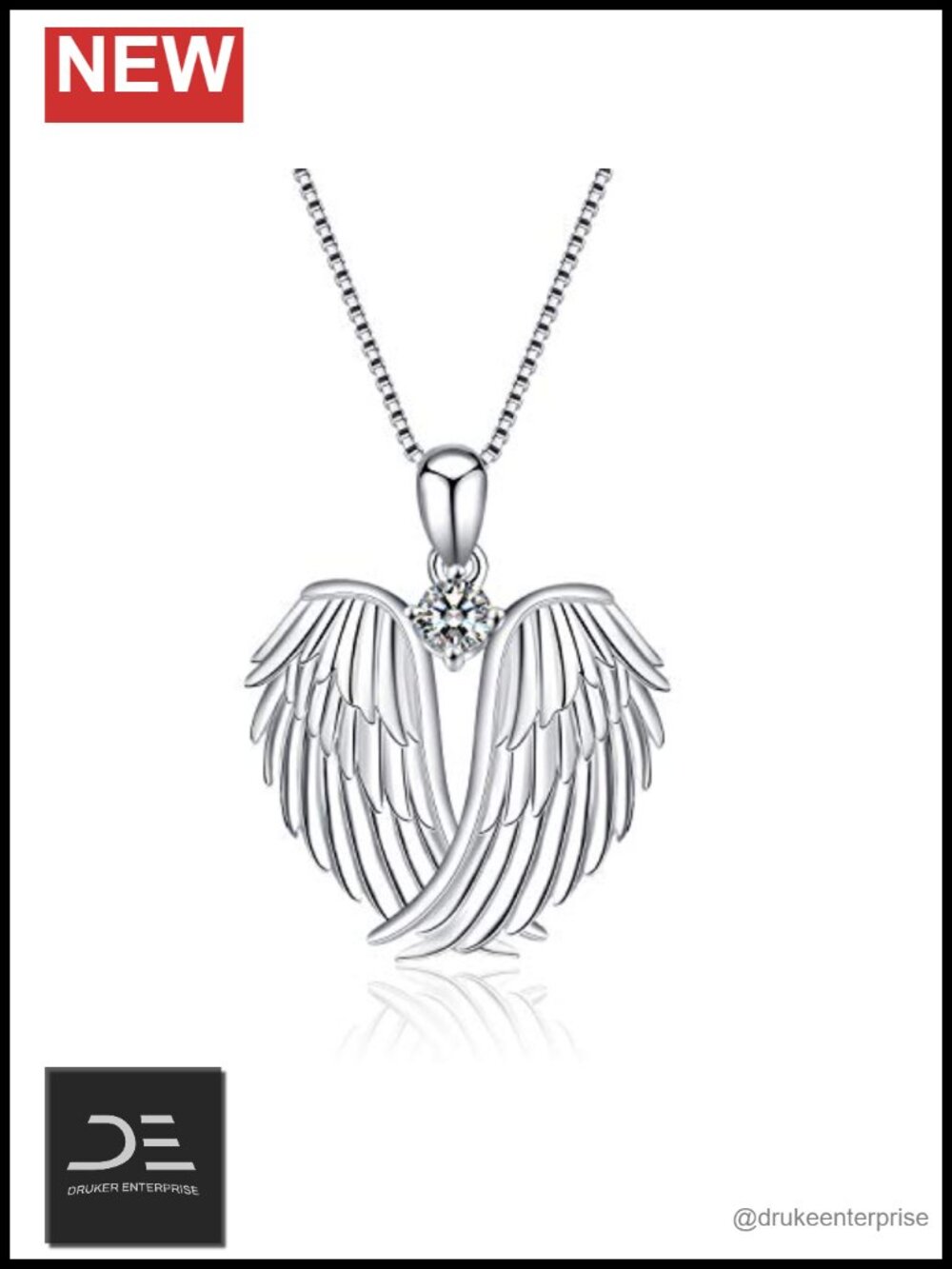 925 Sterling Silver Angel Wings Pendant Necklace Cubic Zirconia Guardian Angel